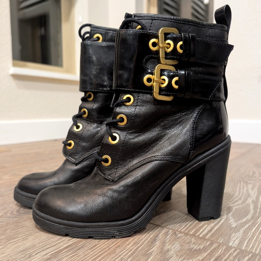 Guess Finlay Black and Gold Heeled  Combat Boots with Chunky Heel